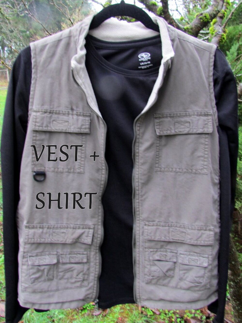 TEEN BOY'S SAFARI VEST, L, 14-16 CARGO POCKET KHAKI + BLACK LONG-SLEEVE T-SHIRT